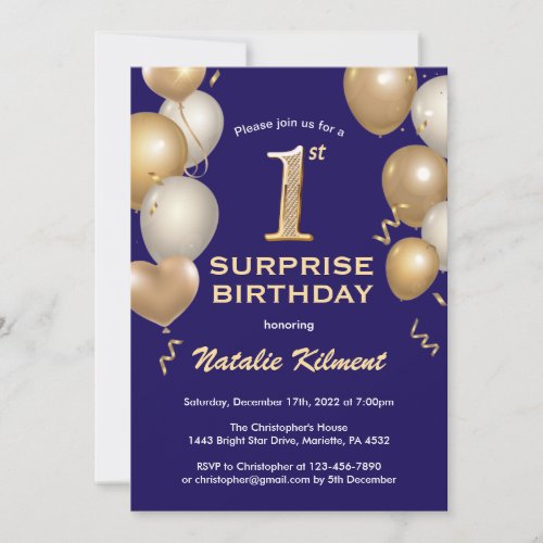 Surprise 1st Birthday Navy Blue and Gold Balloons Invitation