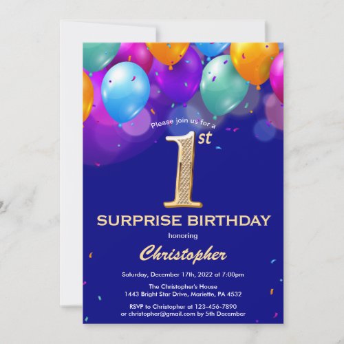 Surprise 1st Birthday Navy Blue and Gold Balloons Invitation