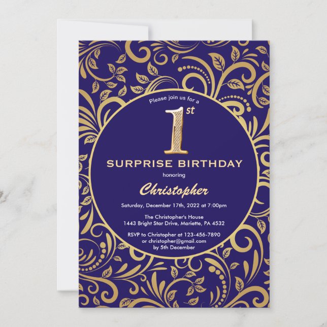 Surprise 1st Birthday Navy Blue and Gold Floral Invitation (Front)
