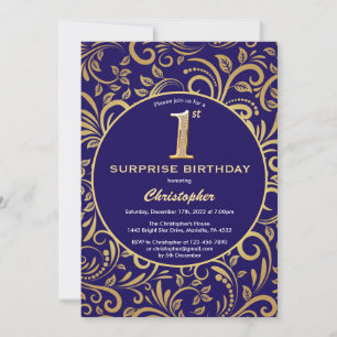 Surprise 1st Birthday Navy Blue and Gold Floral Invitation