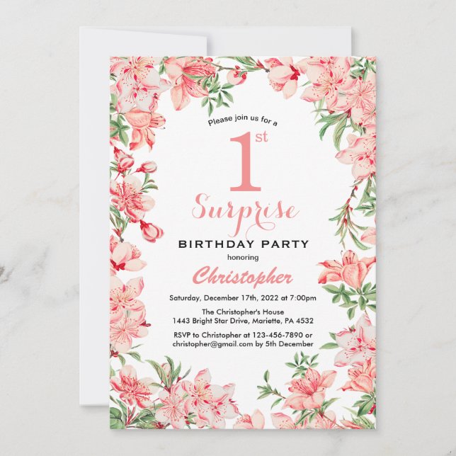 Surprise 1st Birthday Pink Boho Botanical Floral Invitation (Front)