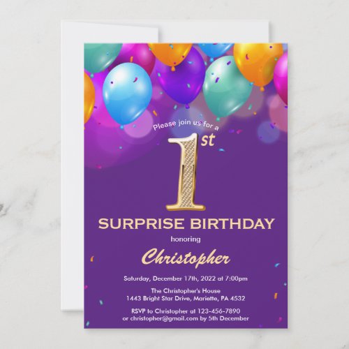 Surprise 1st Birthday Purple and Gold Balloons Invitation