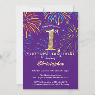 Surprise 1st Birthday Purple and Gold Firework Invitation