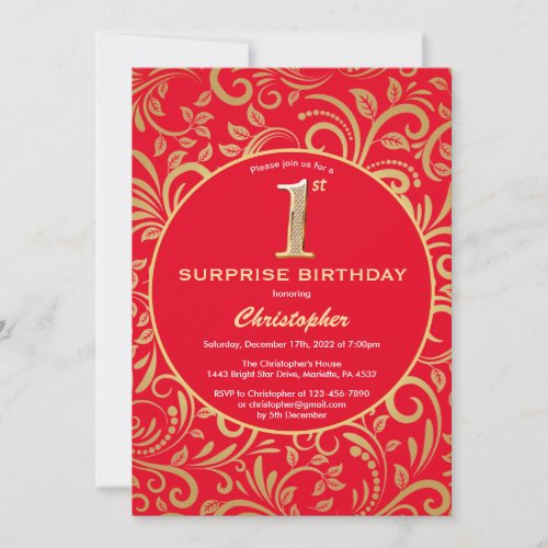 Surprise 1st Birthday Red and Gold Floral Invitation
