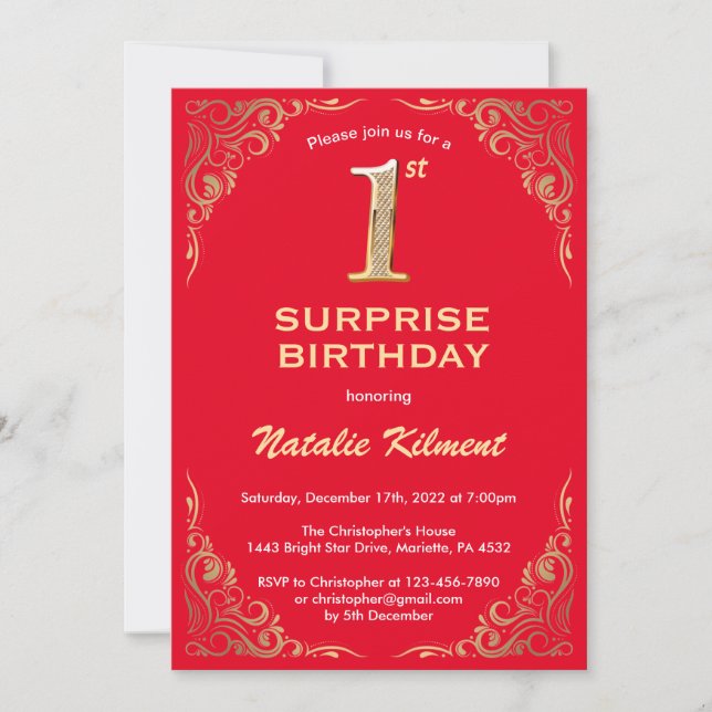 Surprise 1st Birthday Red and Gold Glitter Frame Invitation (Front)