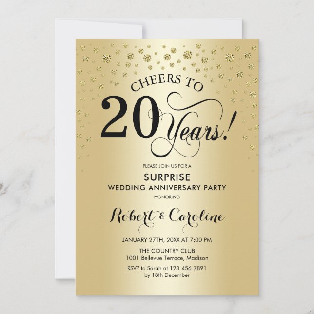 Surprise 20th Anniversary Celebration - Gold Black Invitation (Front)