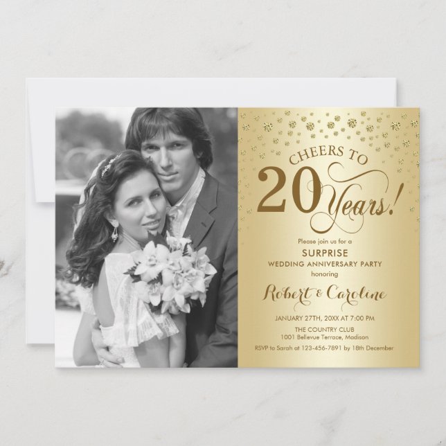 Surprise 20th Anniversary with Photo Gold Elegant Invitation (Front)