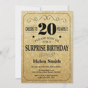 Surprise 20th Birthday Black and Gold Glitter Invitation