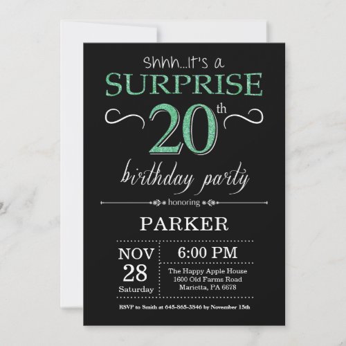 Surprise 20th Birthday Black and Green Glitter