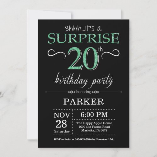 Surprise 20th Birthday Black and Green Glitter Invitation