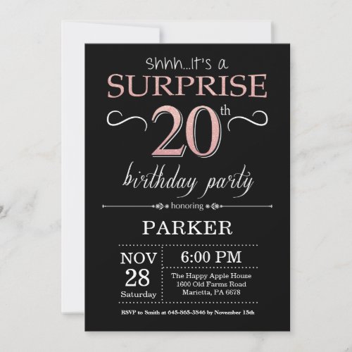 Surprise 20th Birthday Black and Rose Pink Gold Invitation
