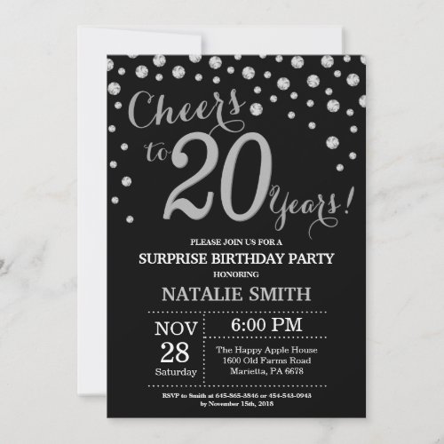 Surprise 20th Birthday Black and Silver Diamond Invitation