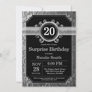 Surprise 20th Birthday Black and Silver Glitter Invitation
