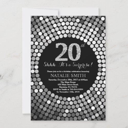 Surprise 20th Birthday Black and Silver Glitter Invitation
