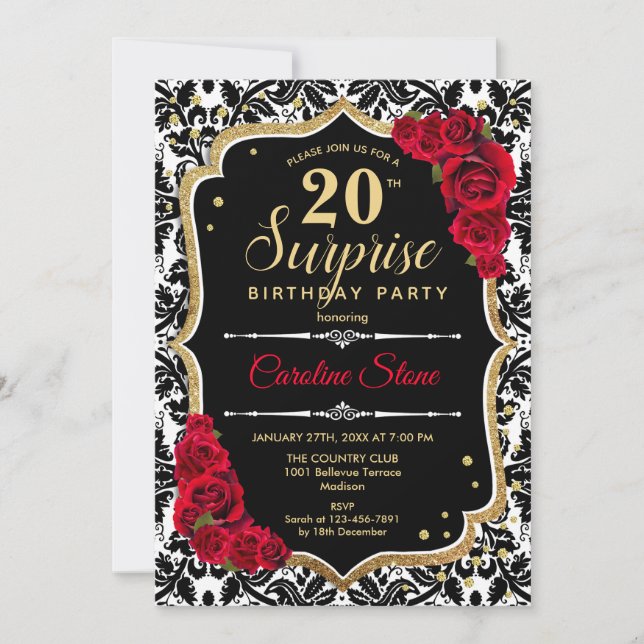 Surprise 20th Birthday - Black Gold Red Invitation (Front)