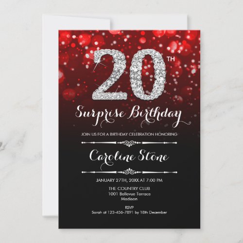 Surprise 20th Birthday _ Black Red Silver Invitation