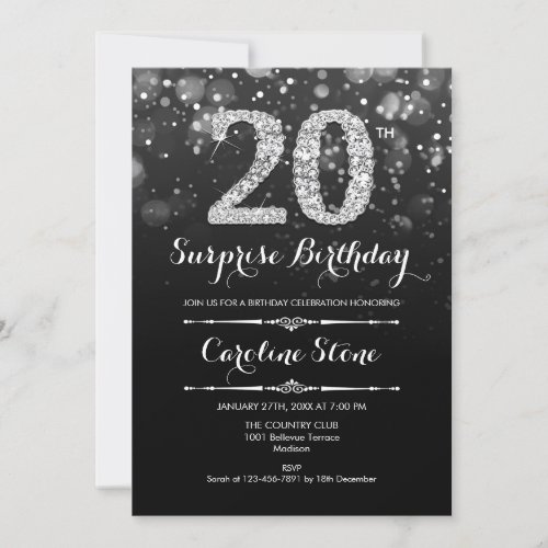 Surprise 20th Birthday _ Black Silver Invitation