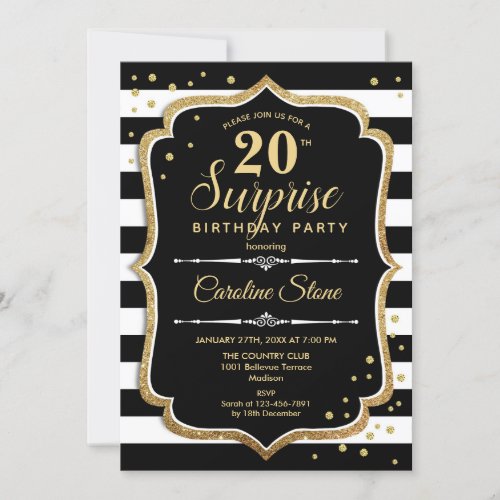 Surprise 20th Birthday _ Black White Gold Invitation