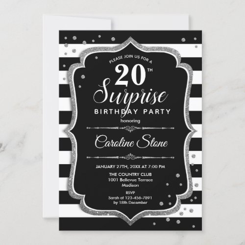Surprise 20th Birthday _ Black White Silver Invitation