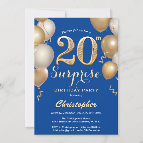 Surprise 20th Birthday Blue and Gold Balloons Invitation