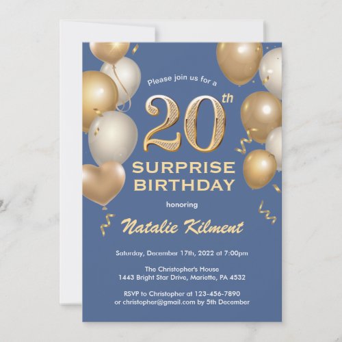 Surprise 20th Birthday Blue and Gold Balloons Invitation