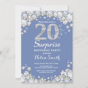 Surprise 20th Birthday Blue Silver Diamond Invitation