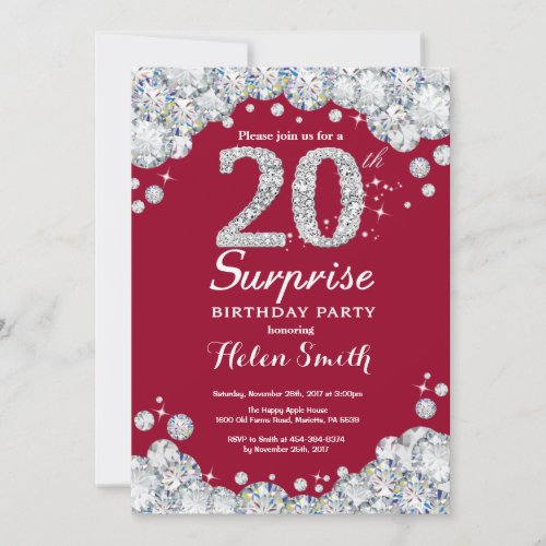 Surprise 20th Birthday Burgundy Red Silver Diamond Invitation