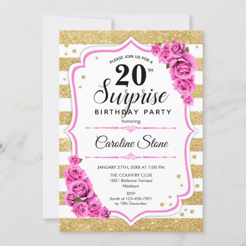 Surprise 20th Birthday _ Gold White Pink Invitation