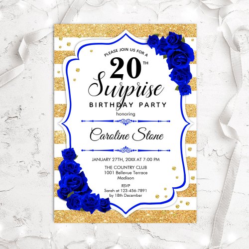 Surprise 20th Birthday _ Gold White Royal Blue Invitation