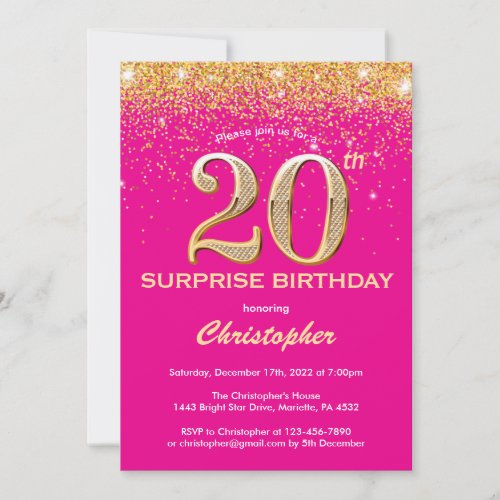 Surprise 20th Birthday Hot Pink and Gold Glitter Invitation