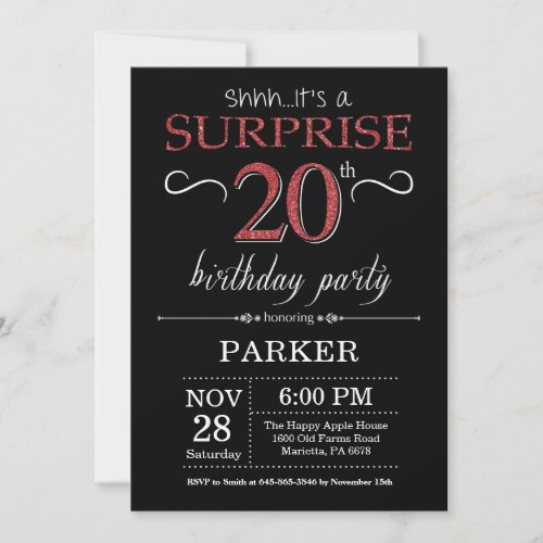 Surprise 20th Birthday Invitation Black and Red
