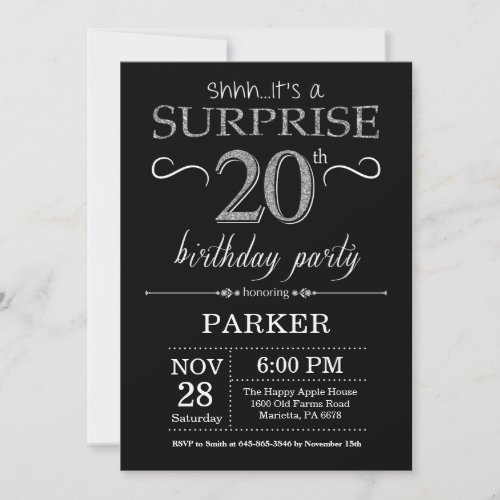 Surprise 20th Birthday Invitation Black and Silver