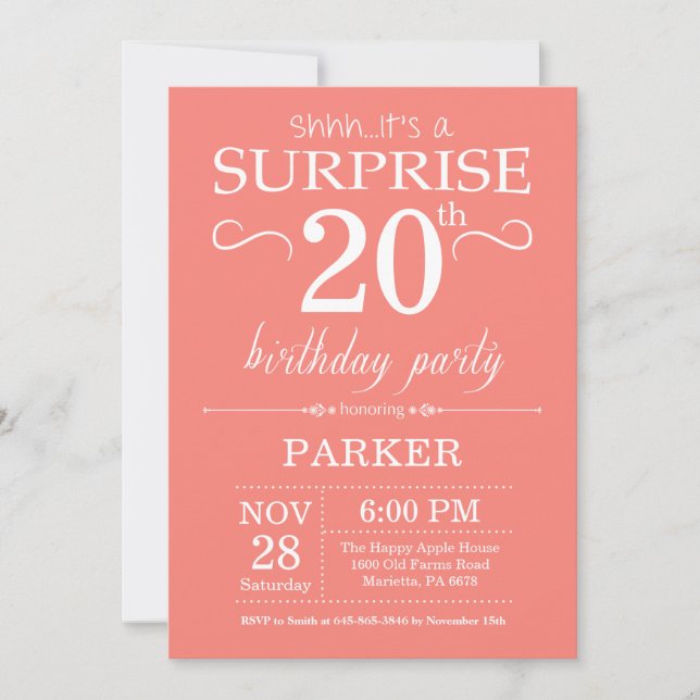 Surprise 20th Birthday Invitation Coral (Front)