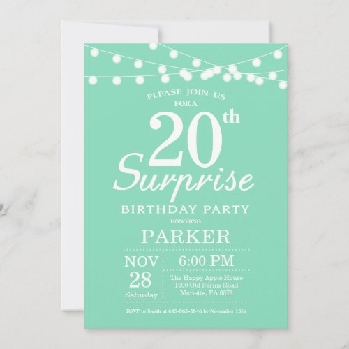 Surprise 20th Birthday Invitation Mint Green