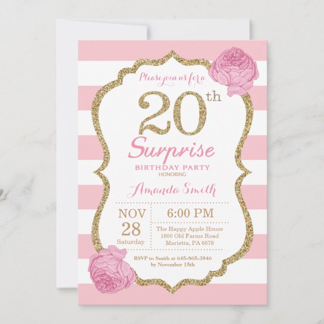 Surprise 20th Birthday Invitation Pink and Gold (Front)