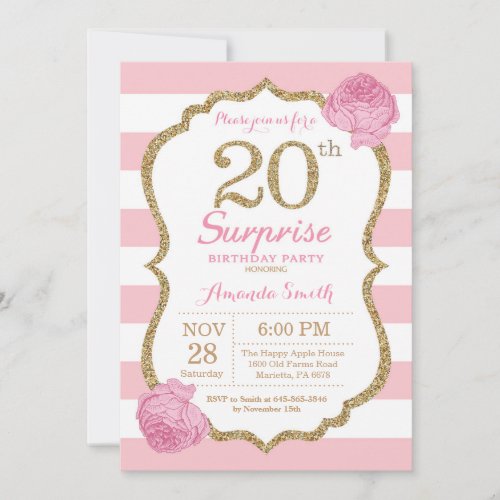 Surprise 20th Birthday Invitation Pink and Gold