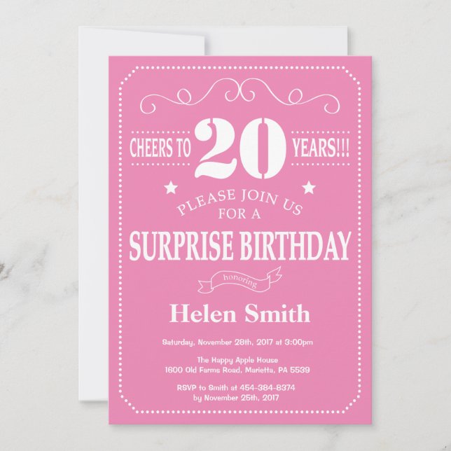 Surprise 20th Birthday Invitation Pink and White (Front)