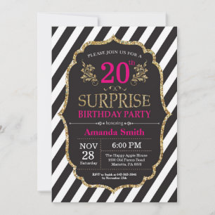 Surprise 20th Birthday Invitation Pink Black Gold