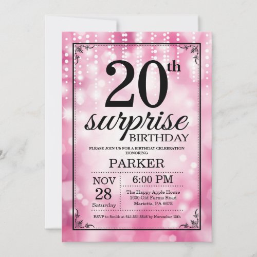 Surprise 20th Birthday Invitation Pink Glitter