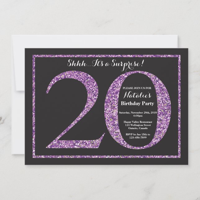 Surprise 20th Birthday Invitation Purple Glitter (Front)