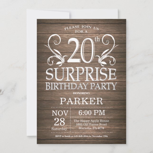 Surprise 20th Birthday Invitation Rustic Wood (Front)