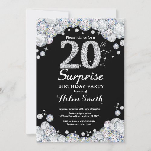 Surprise 20th Birthday Invitation Silver Diamond