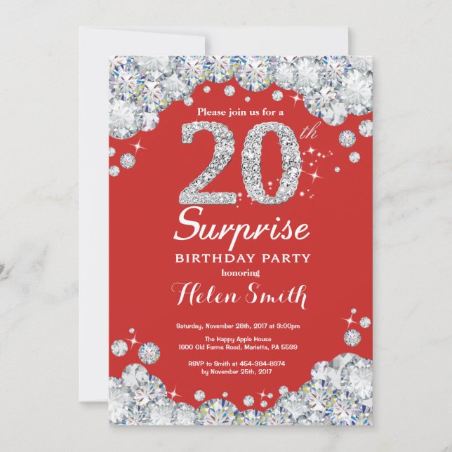 Surprise 20th Birthday Invitation Silver Diamond (Front)