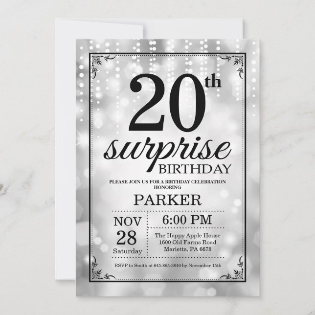 Surprise 20th Birthday Invitation Silver Glitter (Front)