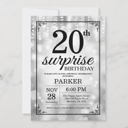 Surprise 20th Birthday Invitation Silver Glitter