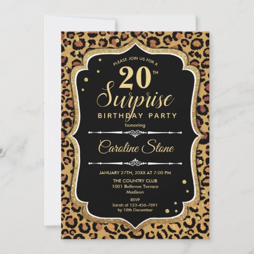 Surprise 20th Birthday _ Leopard Black Gold Invitation