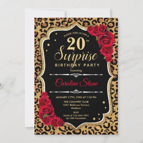 Surprise 20th Birthday _ Leopard Black Gold Red Invitation
