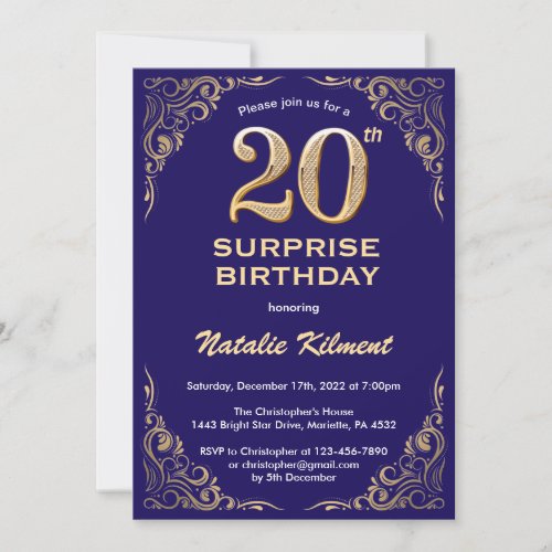 Surprise 20th Birthday Navy Blue and Gold Glitter Invitation