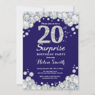 Surprise 20th Birthday Navy Blue Silver Diamond Invitation