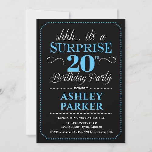 Surprise 20th Birthday Party _ Black Blue Invitation